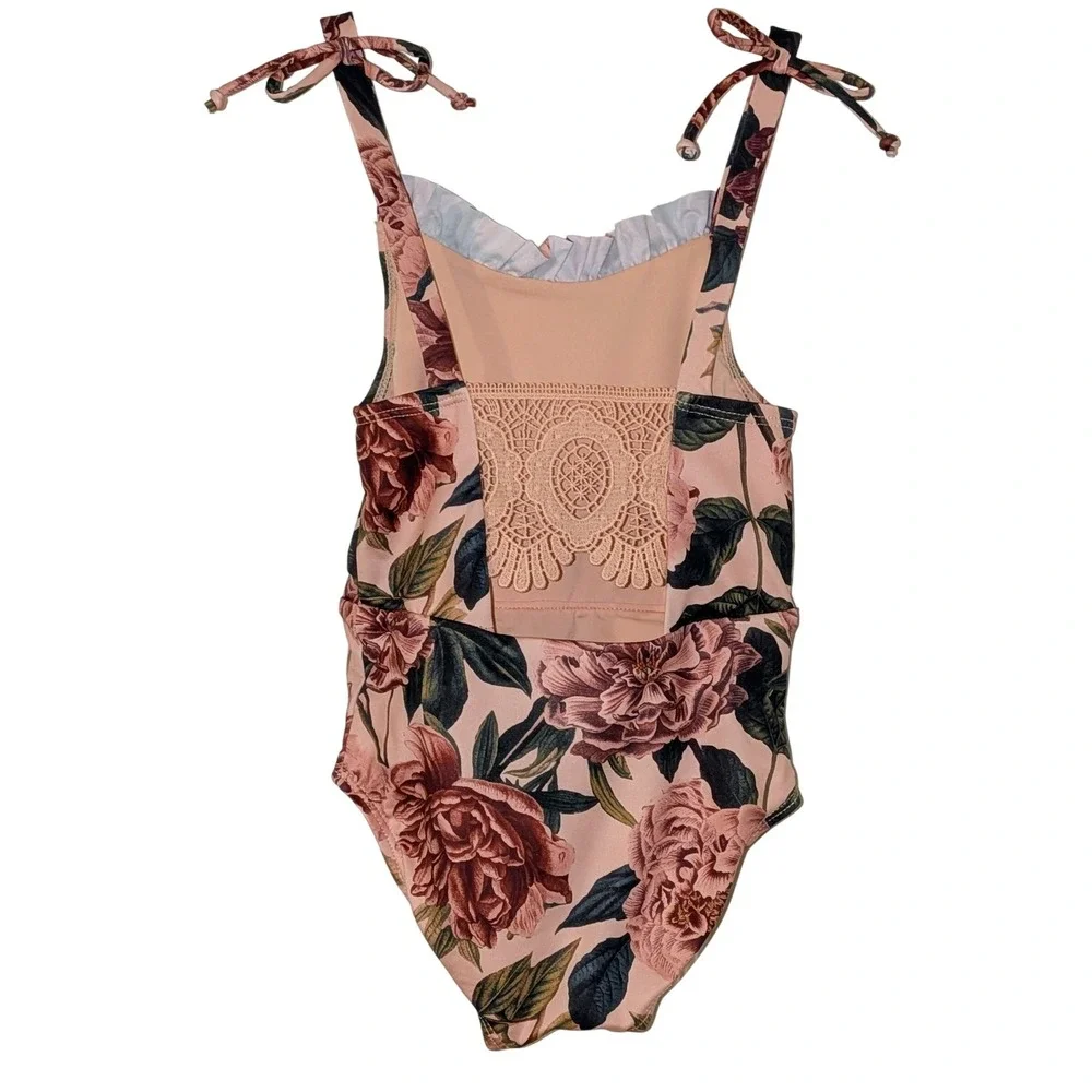 Mia Joy Joyfolie Teagan Swimsuit Girls 3 Pink Oversized‎ Floral Crochet Back Tie